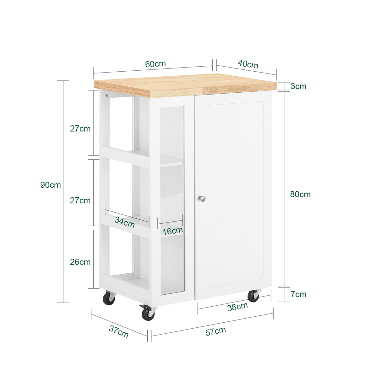 SoBuy FKW75-WN Cărucior de Bucătărie cu Roți și Raft Lateral – Dulap de Bucătărie Alb cu O Singură Ușă – Cărucior de Servire pentru Depozitare în Bucătărie și Blat de Lucru Compact, 60x92x45cm
