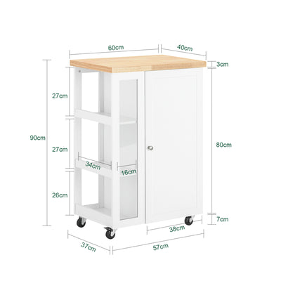 SoBuy FKW75-WN Cărucior de Bucătărie cu Roți și Raft Lateral – Dulap de Bucătărie Alb cu O Singură Ușă – Cărucior de Servire pentru Depozitare în Bucătărie și Blat de Lucru Compact, 60x92x45cm