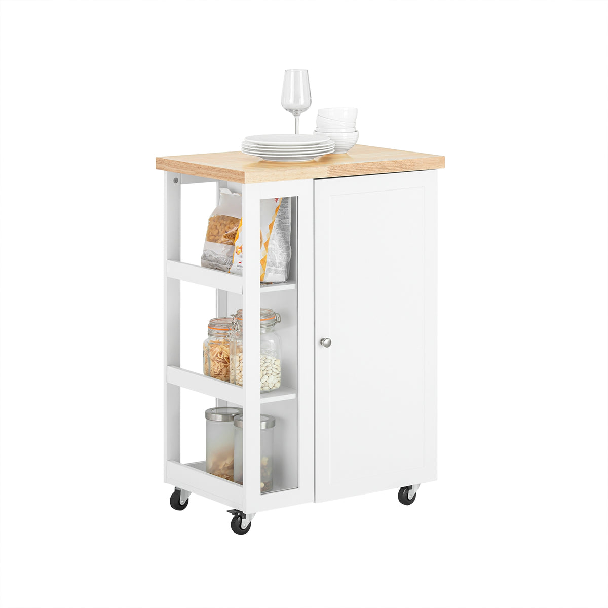 SoBuy FKW75-WN Desserte de Cuisine à Roulettes avec Placard et Étagère Latérale 3 Niveaux – Blanc/Naturel, 60 × 40 × 92 cm