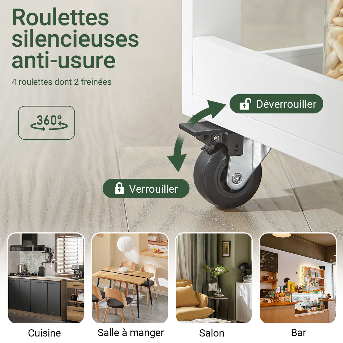 SoBuy FKW75-WN Cărucior de Bucătărie cu Roți și Raft Lateral – Dulap de Bucătărie Alb cu O Singură Ușă – Cărucior de Servire pentru Depozitare în Bucătărie și Blat de Lucru Compact, 60x92x45cm