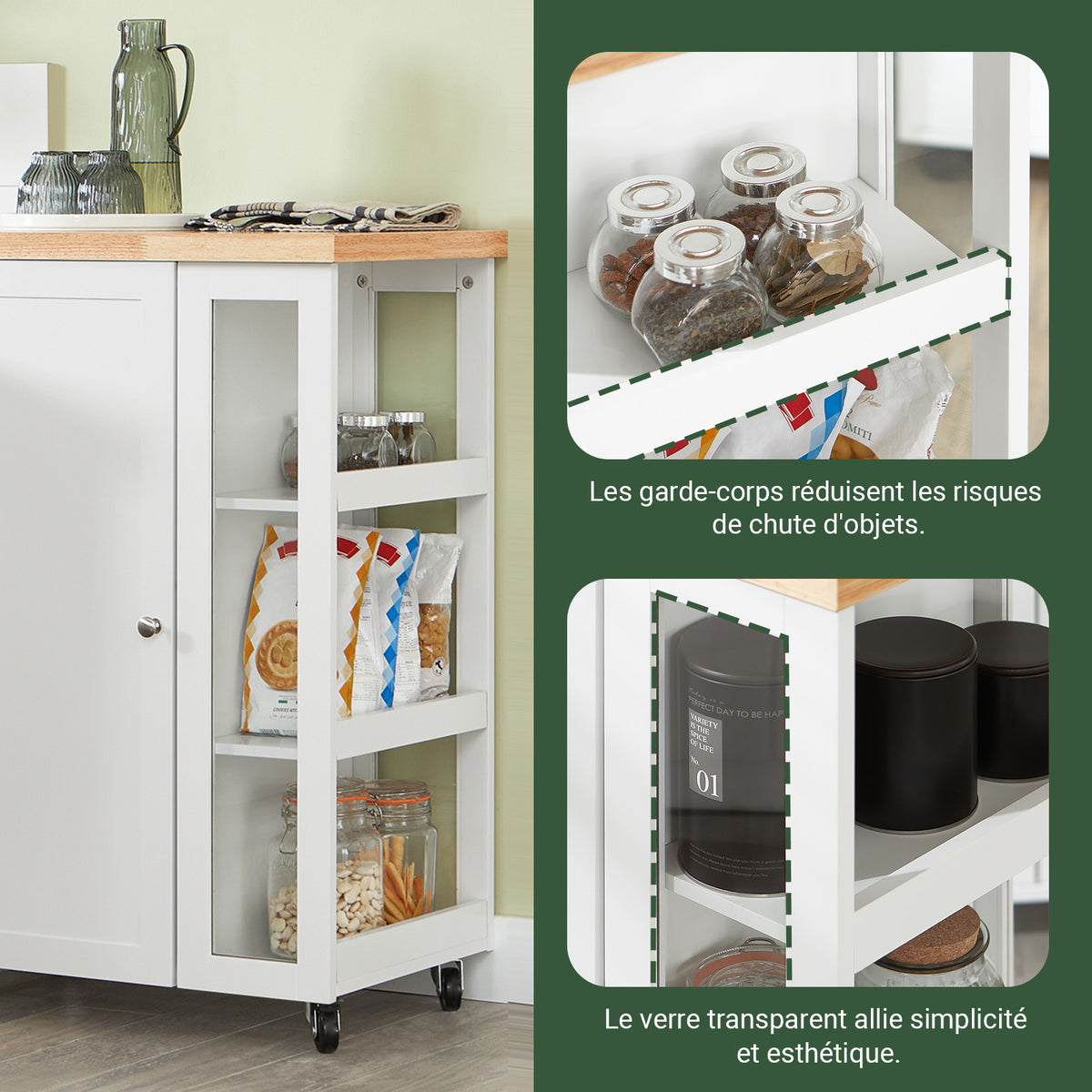 SoBuy FKW75-WN Cărucior de Bucătărie cu Roți și Raft Lateral – Dulap de Bucătărie Alb cu O Singură Ușă – Cărucior de Servire pentru Depozitare în Bucătărie și Blat de Lucru Compact, 60x92x45cm