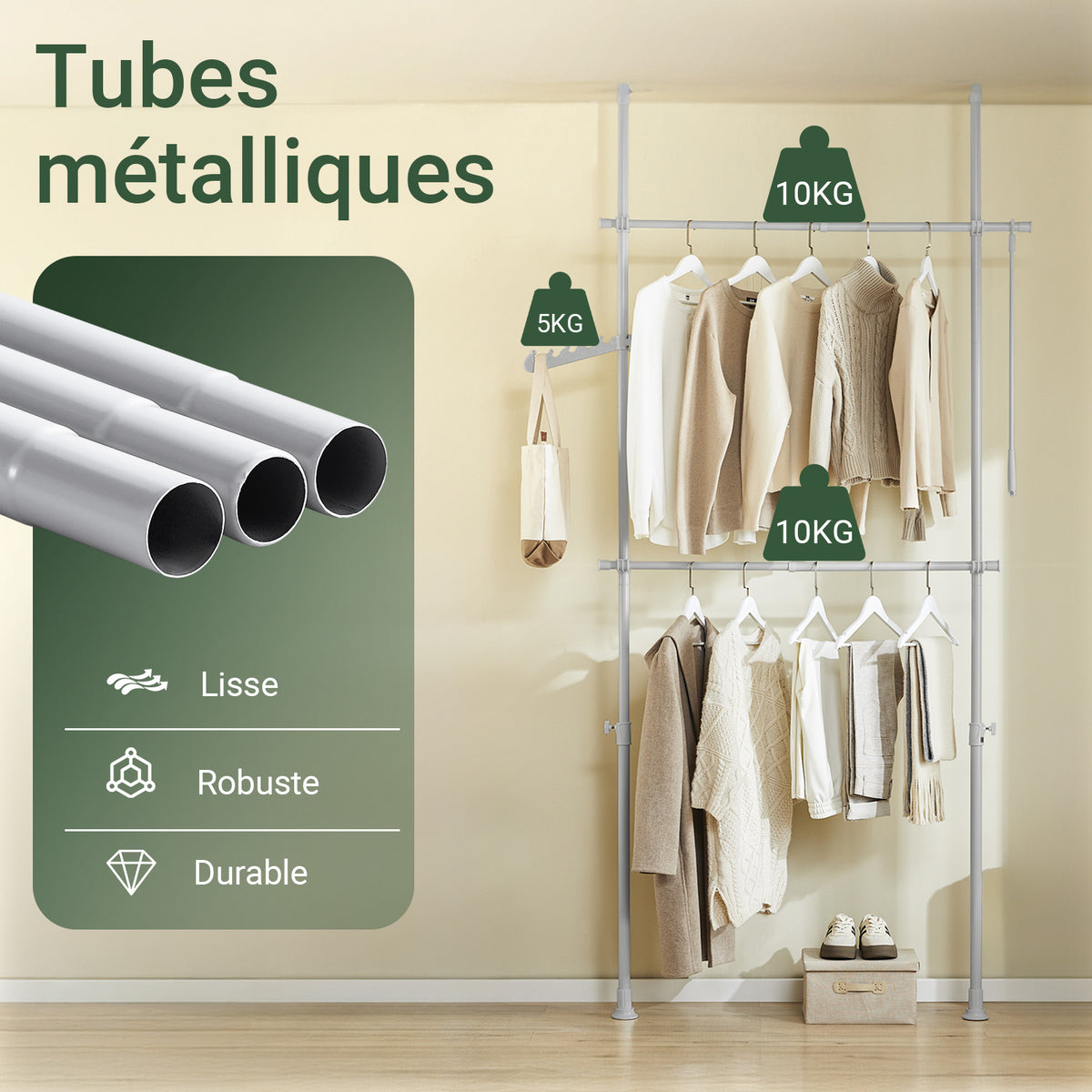 SoBuy FRG109-II-HG Tringle à Vêtements Télescopique, Portant à Vêtements Robuste, Penderie Ouverte Réglable avec Barres de Suspension pour Chambre, Dressing, Gris