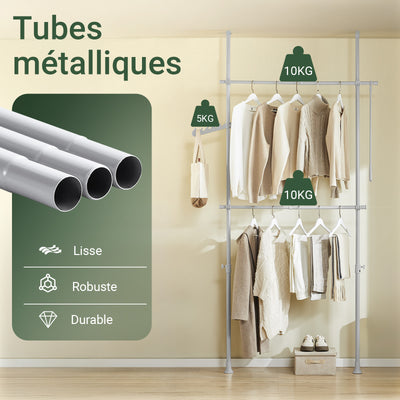 SoBuy FRG109-II-HG Tringle à Vêtements Télescopique, Portant à Vêtements Robuste, Penderie Ouverte Réglable avec Barres de Suspension pour Chambre, Dressing, Gris