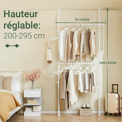 SoBuy FRG109-II-W Bară Telescopică pentru Haine, Suport Robust pentru Haine, Dulap Deschis Reglabil cu Bare de Susținere pentru Dormitor, Dressing, Alb