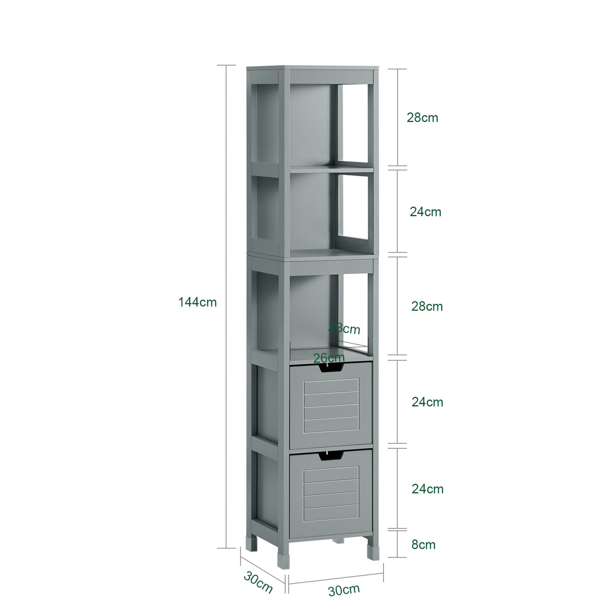 SoBuy FRG126-SG Dulap coloană de baie, cu 4 rafturi și 2 sertare modulare, din lemn, anti-răsturnare, economisește spațiu pentru WC și toaletă 30x30x140