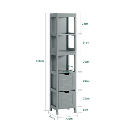 SoBuy FRG126-SG Dulap coloană de baie, cu 4 rafturi și 2 sertare modulare, din lemn, anti-răsturnare, economisește spațiu pentru WC și toaletă 30x30x140
