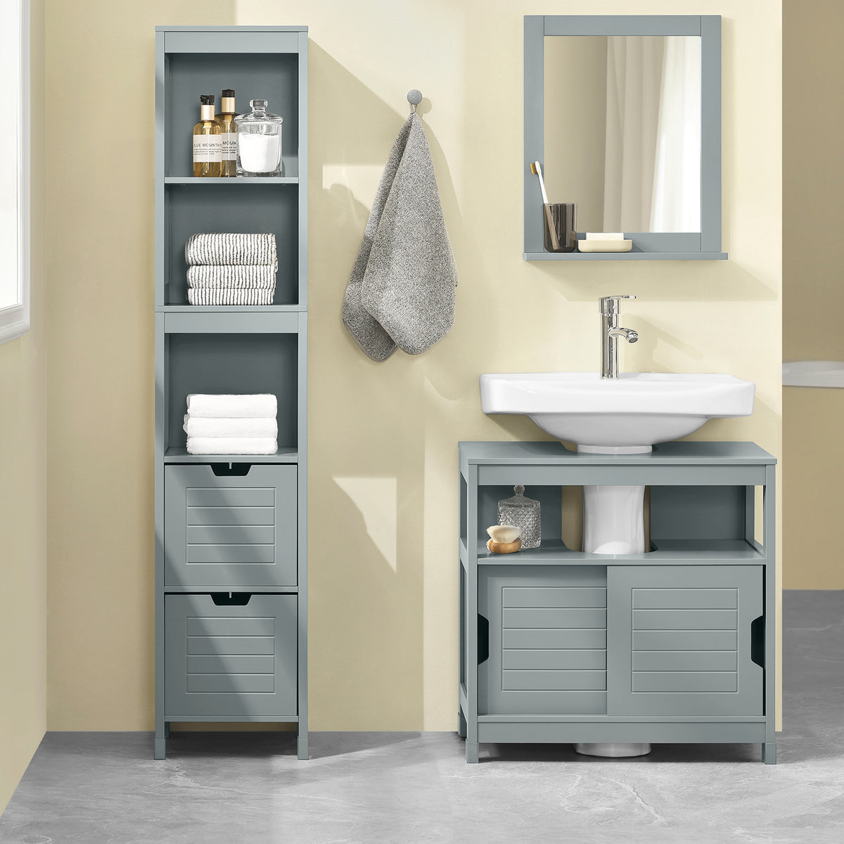 SoBuy FRG126-SG Dulap coloană de baie, cu 4 rafturi și 2 sertare modulare, din lemn, anti-răsturnare, economisește spațiu pentru WC și toaletă 30x30x140