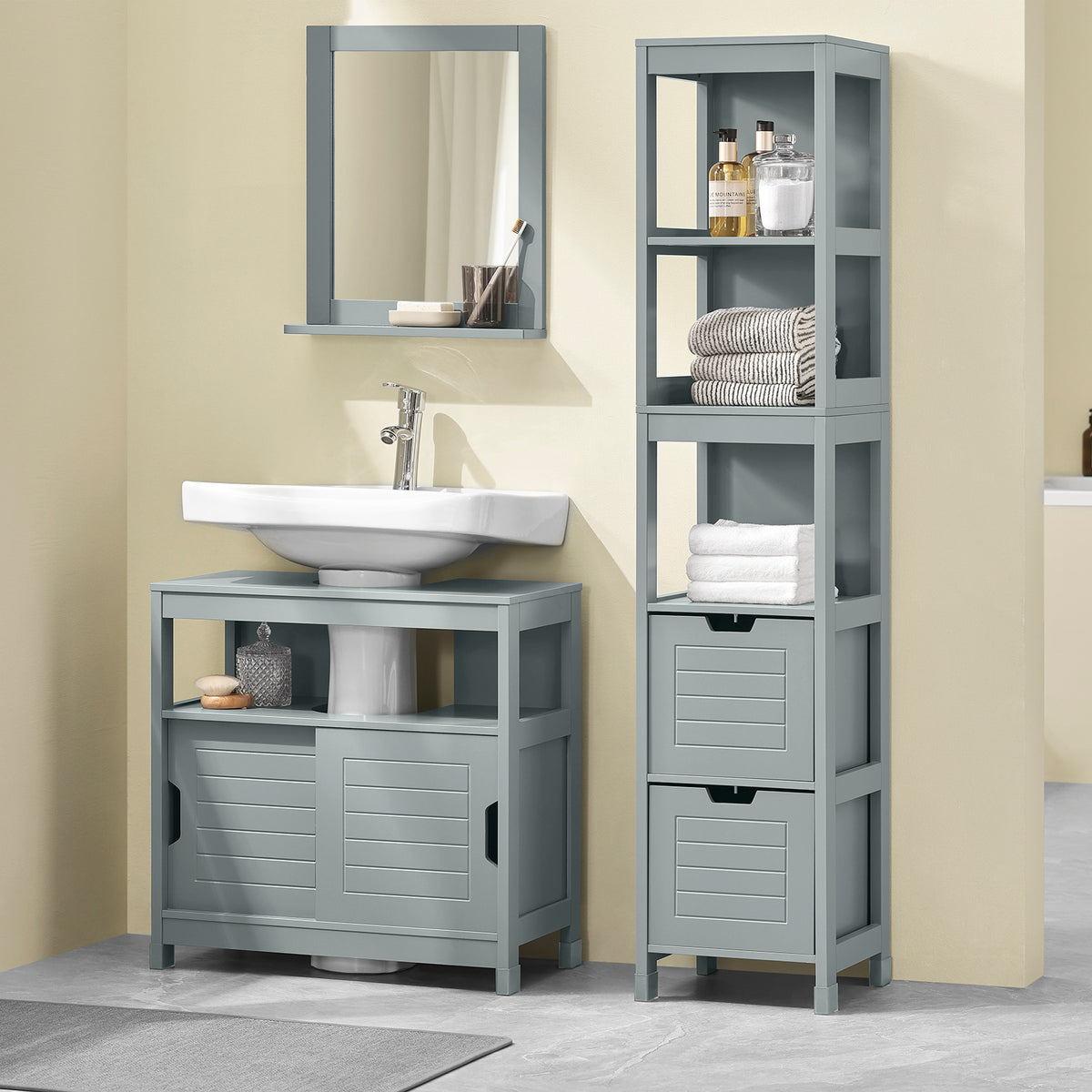 SoBuy FRG126-SG Dulap coloană de baie, cu 4 rafturi și 2 sertare modulare, din lemn, anti-răsturnare, economisește spațiu pentru WC și toaletă 30x30x140