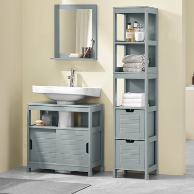 SoBuy FRG126-SG Dulap coloană de baie, cu 4 rafturi și 2 sertare modulare, din lemn, anti-răsturnare, economisește spațiu pentru WC și toaletă 30x30x140
