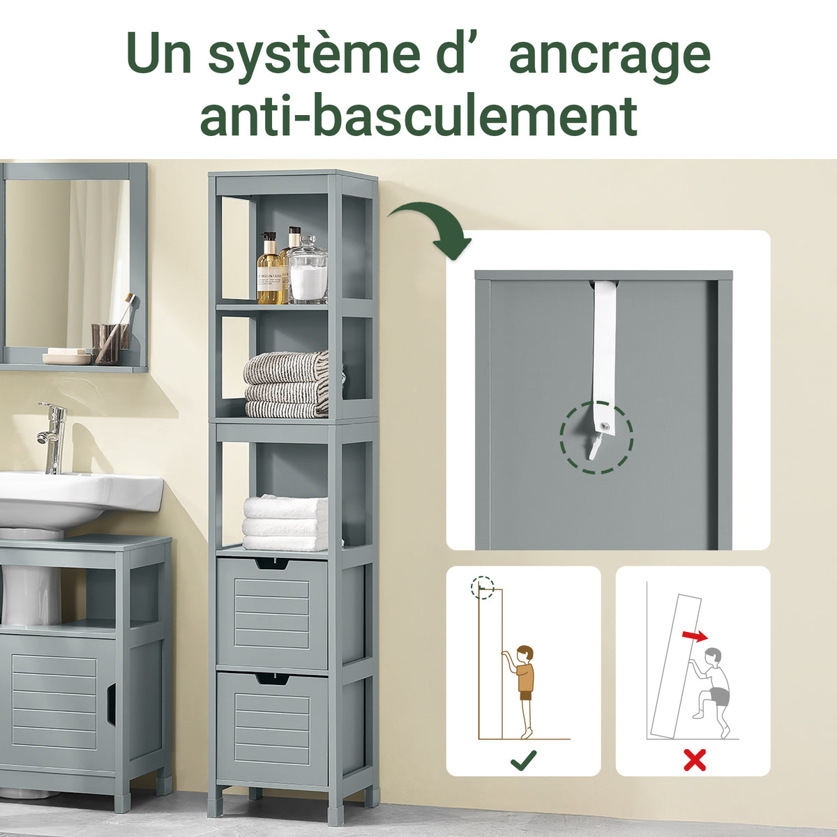 SoBuy FRG126-SG Dulap coloană de baie, cu 4 rafturi și 2 sertare modulare, din lemn, anti-răsturnare, economisește spațiu pentru WC și toaletă 30x30x140