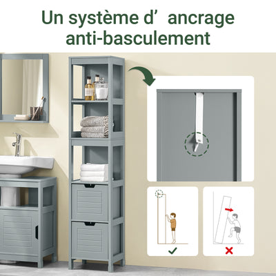 SoBuy FRG126-SG Dulap coloană de baie, cu 4 rafturi și 2 sertare modulare, din lemn, anti-răsturnare, economisește spațiu pentru WC și toaletă 30x30x140