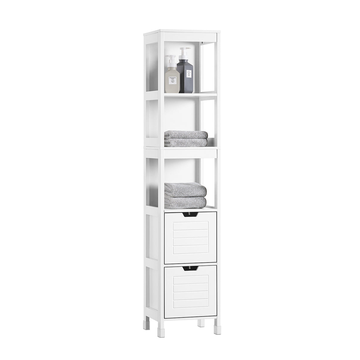 SoBuy FRG126-W Colonne de Salle de Bain – 4 Étagères, 2 Tiroirs, Anti-Basculement, 30×30×144 cm, Blanc