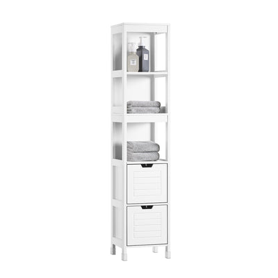 SoBuy FRG126-W Colonne de Salle de Bain – 4 Étagères, 2 Tiroirs, Anti-Basculement, 30×30×144 cm, Blanc