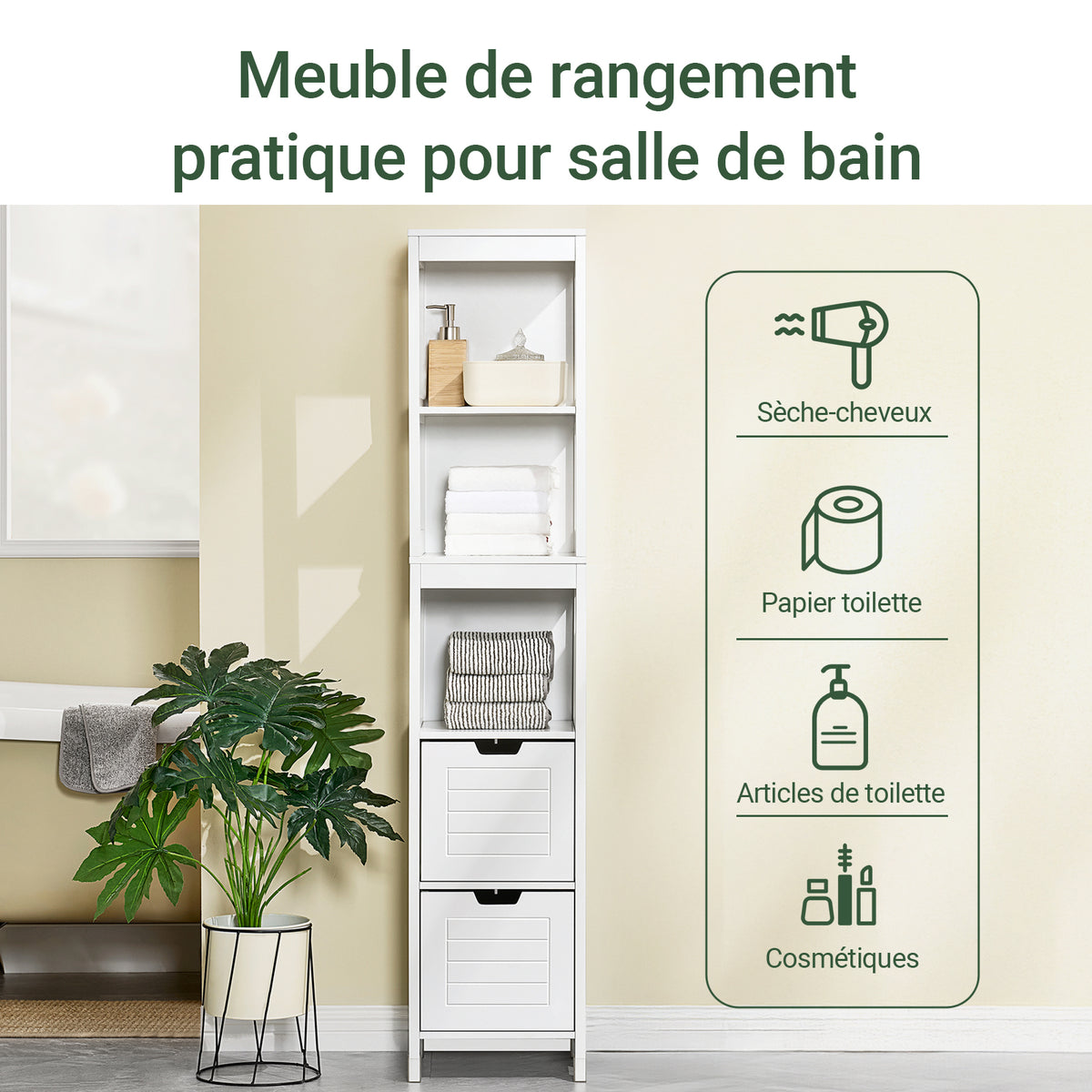 SoBuy FRG126-W Dulap înalt de baie cu 4 rafturi și 2 sertare 30x30x144 cm, Alb