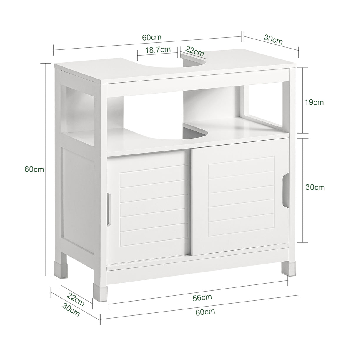 SoBuy FRG128-II-W Mască de Baie pentru Chiuvetă cu 2 Uși Glisante Silențioase, Mobilier Sub Chiuvetă, Spațiu de Depozitare Optimizat pentru Spații Mici, Anti-Umiditate, Lemn, Alb, L60xP30xH60cm