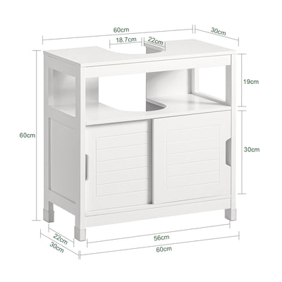 SoBuy FRG128-II-W Mască de Baie pentru Chiuvetă cu 2 Uși Glisante Silențioase, Mobilier Sub Chiuvetă, Spațiu de Depozitare Optimizat pentru Spații Mici, Anti-Umiditate, Lemn, Alb, L60xP30xH60cm