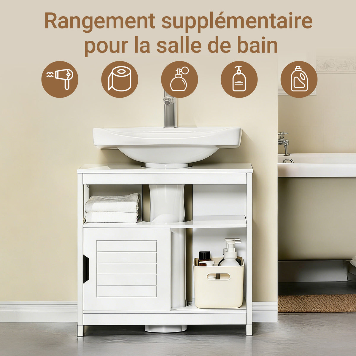 SoBuy FRG128-II-W Meuble sous Vasque – Découpe U Ajustable, 2 Portes Coulissantes, 60×30×60 cm, Blanc