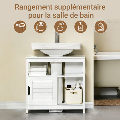 SoBuy FRG128-II-W Mască de Baie pentru Chiuvetă cu 2 Uși Glisante Silențioase, Mobilier Sub Chiuvetă, Spațiu de Depozitare Optimizat pentru Spații Mici, Anti-Umiditate, Lemn, Alb, L60xP30xH60cm