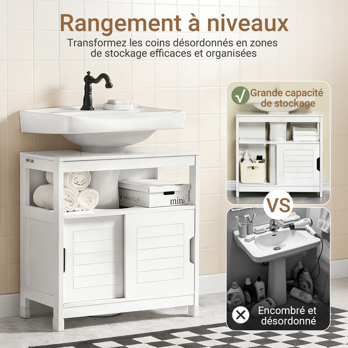 SoBuy FRG128-II-W Mască de Baie pentru Chiuvetă cu 2 Uși Glisante Silențioase, Mobilier Sub Chiuvetă, Spațiu de Depozitare Optimizat pentru Spații Mici, Anti-Umiditate, Lemn, Alb, L60xP30xH60cm