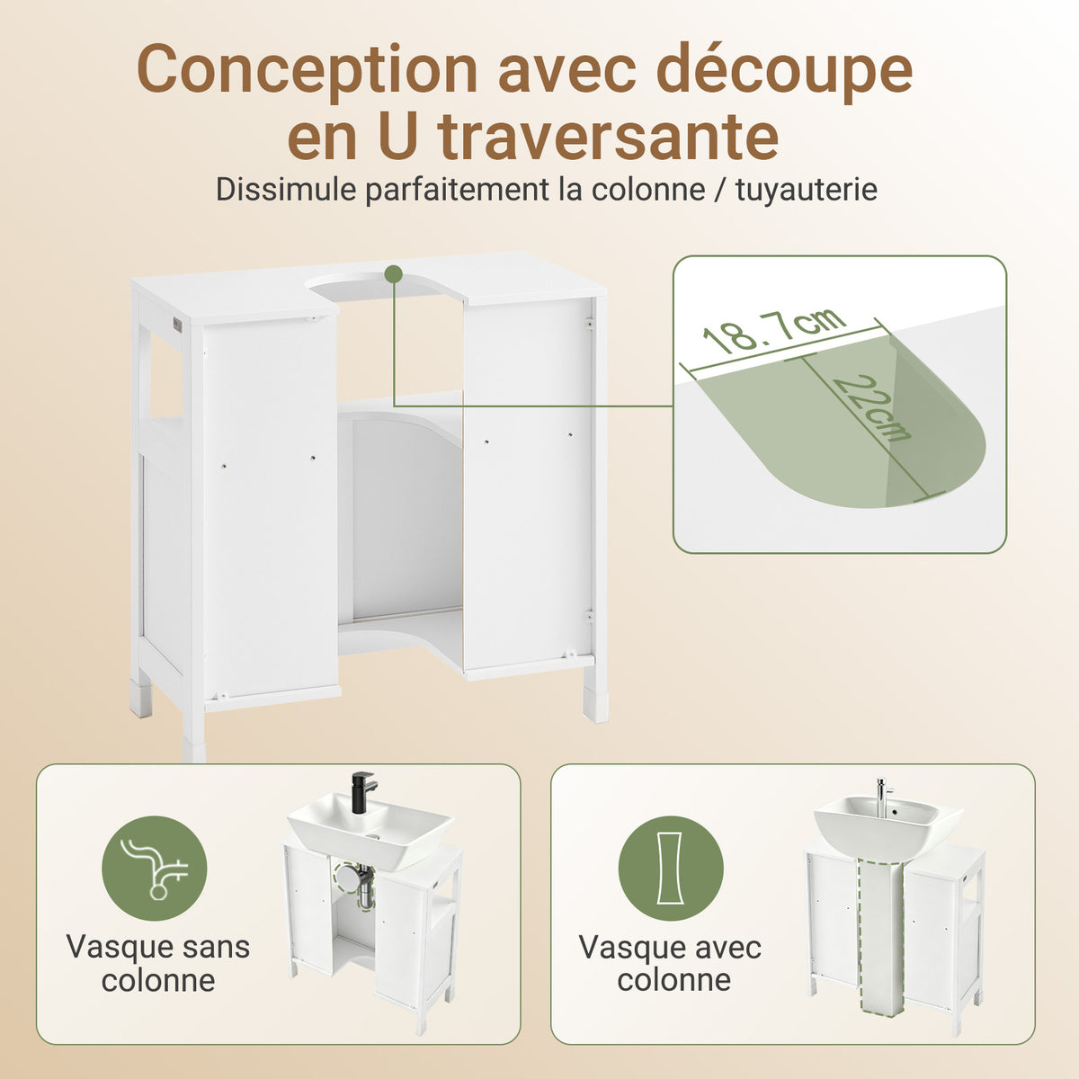 SoBuy FRG128-II-W Mască de Baie pentru Chiuvetă cu 2 Uși Glisante Silențioase, Mobilier Sub Chiuvetă, Spațiu de Depozitare Optimizat pentru Spații Mici, Anti-Umiditate, Lemn, Alb, L60xP30xH60cm
