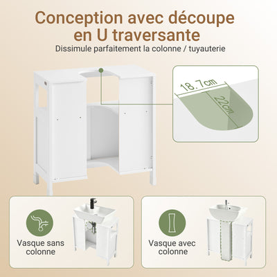 SoBuy FRG128-II-W Mască de Baie pentru Chiuvetă cu 2 Uși Glisante Silențioase, Mobilier Sub Chiuvetă, Spațiu de Depozitare Optimizat pentru Spații Mici, Anti-Umiditate, Lemn, Alb, L60xP30xH60cm