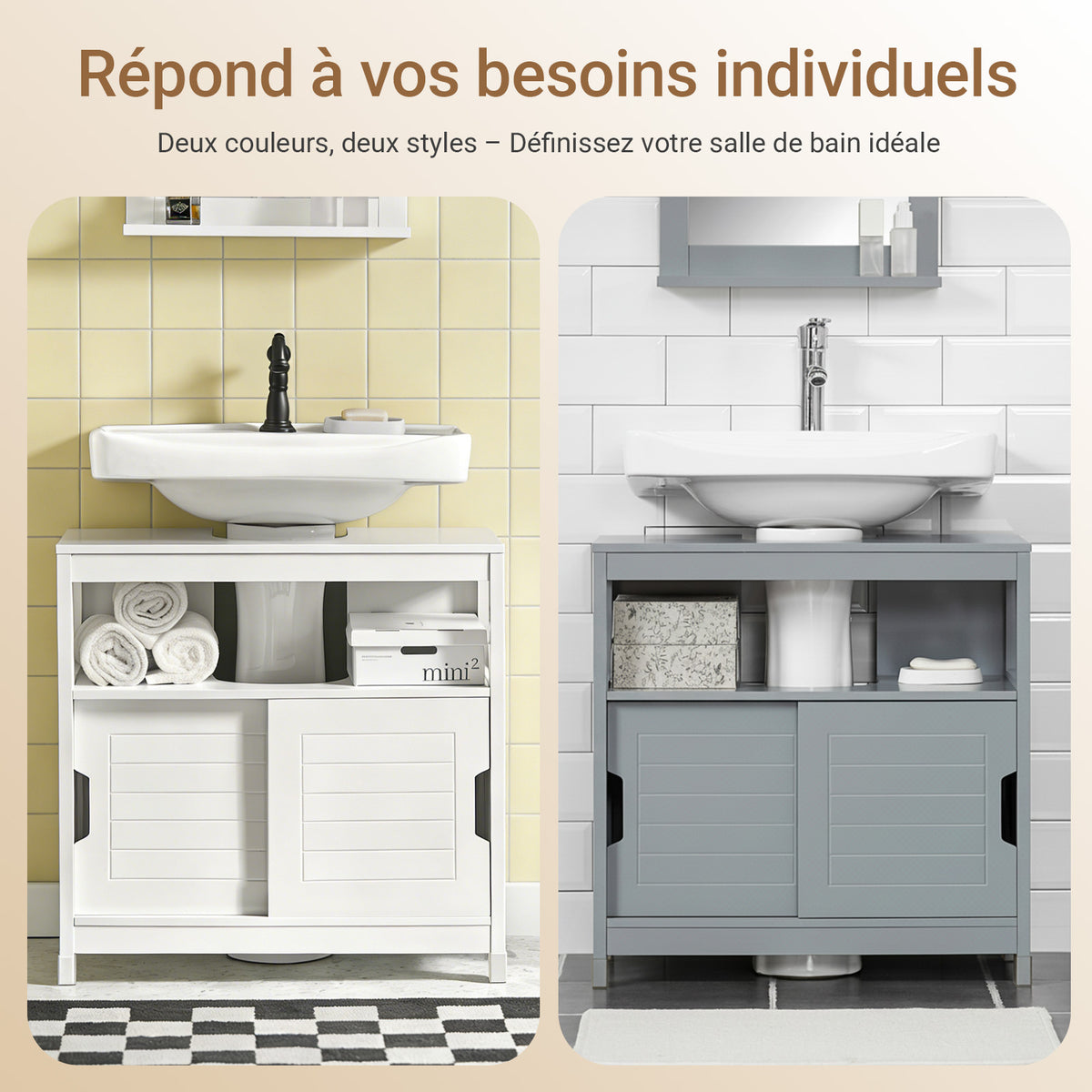 SoBuy FRG128-II-W Mască de Baie pentru Chiuvetă cu 2 Uși Glisante Silențioase, Mobilier Sub Chiuvetă, Spațiu de Depozitare Optimizat pentru Spații Mici, Anti-Umiditate, Lemn, Alb, L60xP30xH60cm