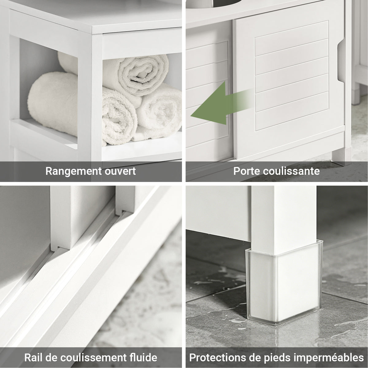 SoBuy FRG128-II-W Mască de Baie pentru Chiuvetă cu 2 Uși Glisante Silențioase, Mobilier Sub Chiuvetă, Spațiu de Depozitare Optimizat pentru Spații Mici, Anti-Umiditate, Lemn, Alb, L60xP30xH60cm