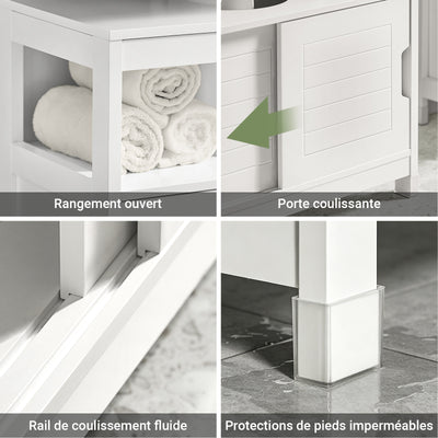 SoBuy FRG128-II-W Mască de Baie pentru Chiuvetă cu 2 Uși Glisante Silențioase, Mobilier Sub Chiuvetă, Spațiu de Depozitare Optimizat pentru Spații Mici, Anti-Umiditate, Lemn, Alb, L60xP30xH60cm