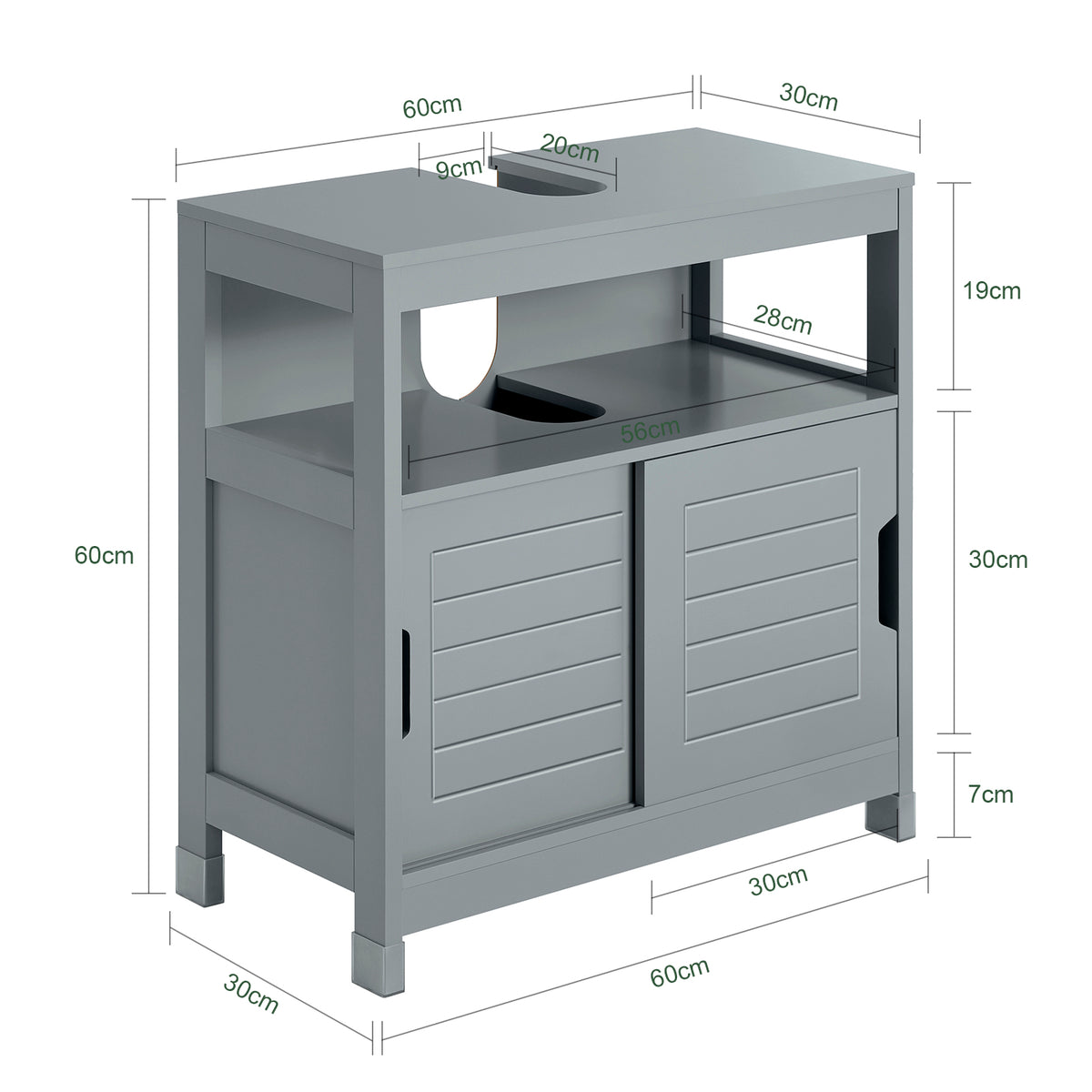 SoBuy FRG128-SG Meuble sous Lavabo avec Portes Coulissantes, Format Compact, Résistant à l’Humidité, pour Salle de Bain et WC – L60×P30×H60 cm, Bois, Gris