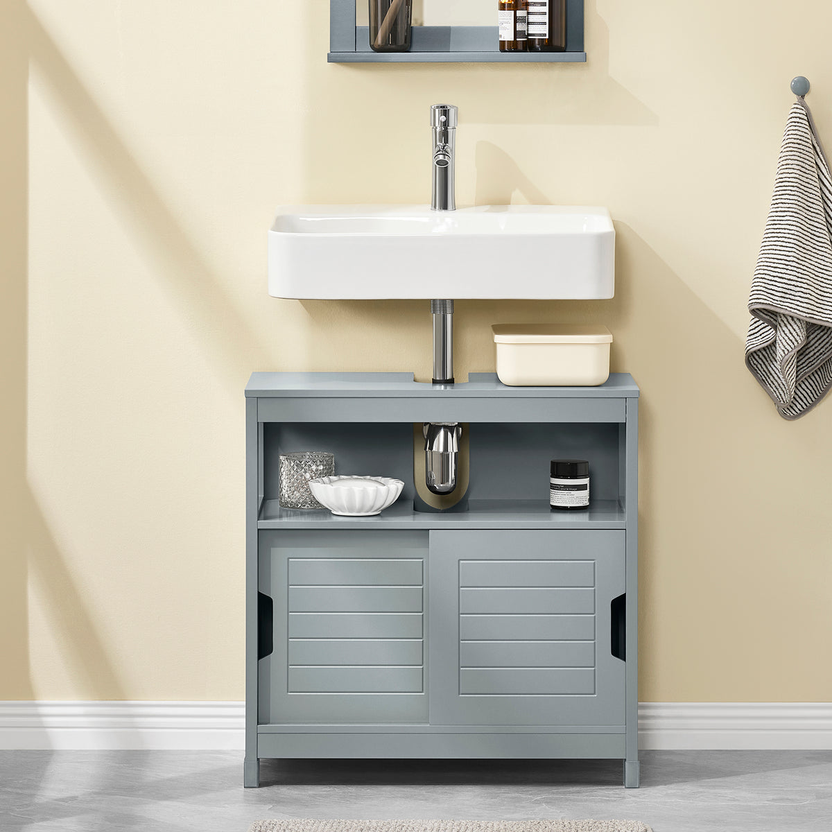 SoBuy FRG128-SG Dulap Chiuvetă Baie cu Uși Glisante - Dulap Baie și Dulap Sub Chiuvetă Compact Anti-Umiditate - Raft de Depozitare pentru WC, Lemn, 60x30x60cm, Gri