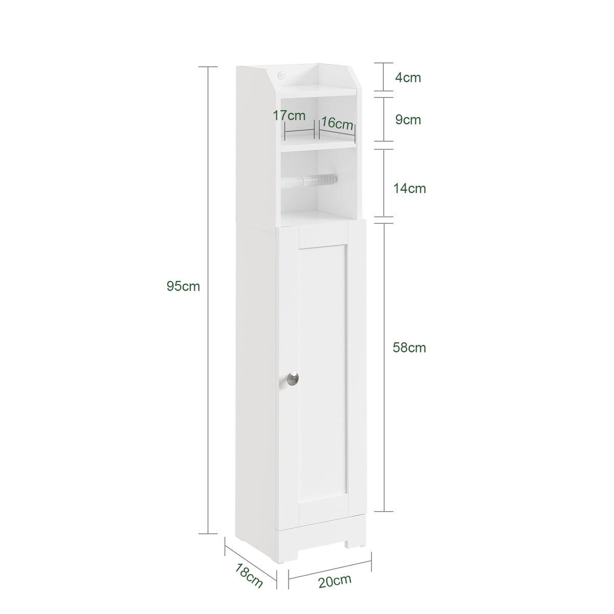 SoBuy FRG177-II-W Mobilier baie, 20 cm lățime, pe picior, cu suport hârtie și ușă - Dulap mic WC, depozitare salvaspațiu, alb