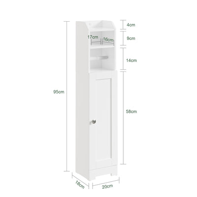 SoBuy FRG177-II-W Mobilier baie, 20 cm lățime, pe picior, cu suport hârtie și ușă - Dulap mic WC, depozitare salvaspațiu, alb