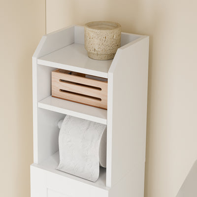 SoBuy FRG177-II-W Mobilier baie, 20 cm lățime, pe picior, cu suport hârtie și ușă - Dulap mic WC, depozitare salvaspațiu, alb
