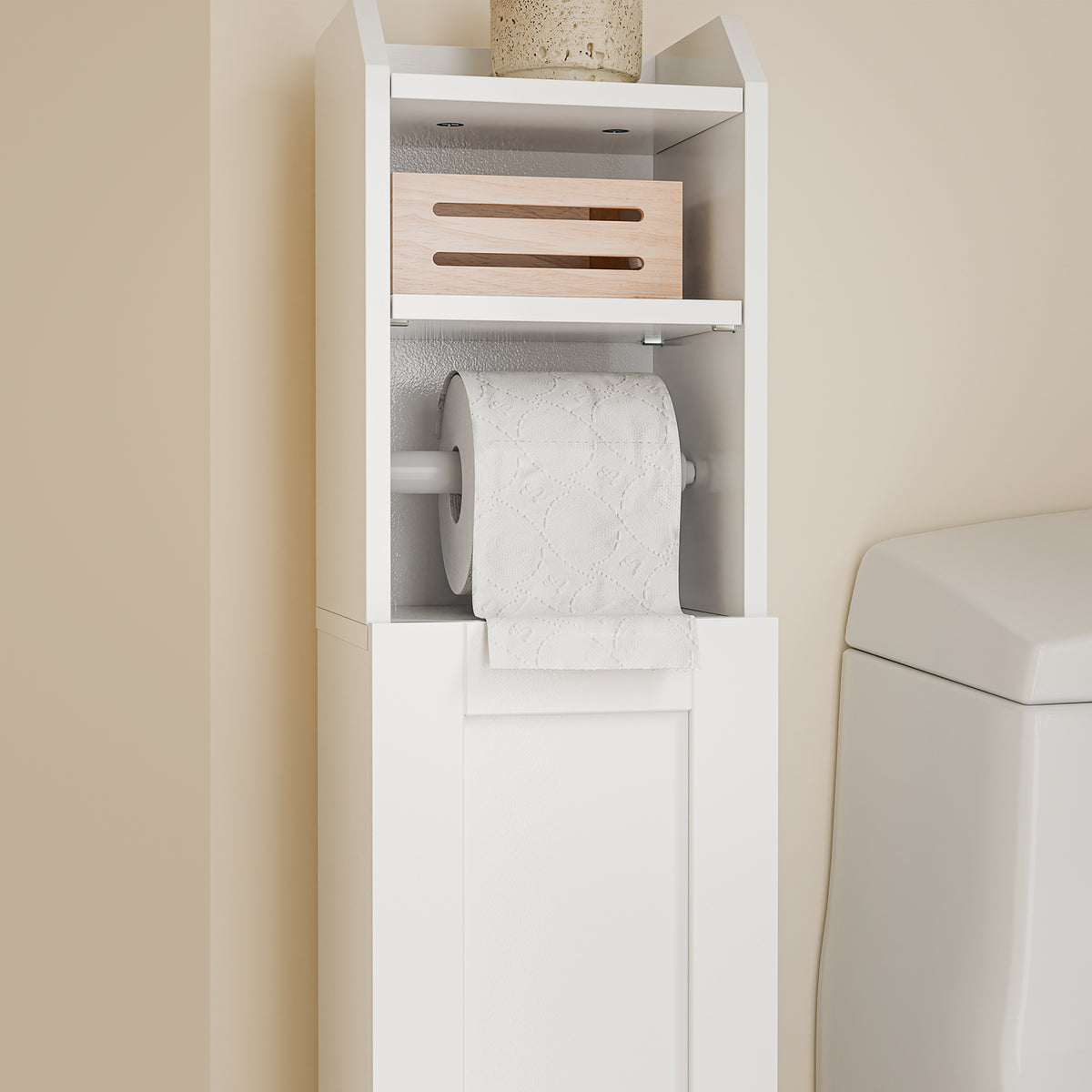 SoBuy FRG177-II-W Mobilier baie, 20 cm lățime, pe picior, cu suport hârtie și ușă - Dulap mic WC, depozitare salvaspațiu, alb