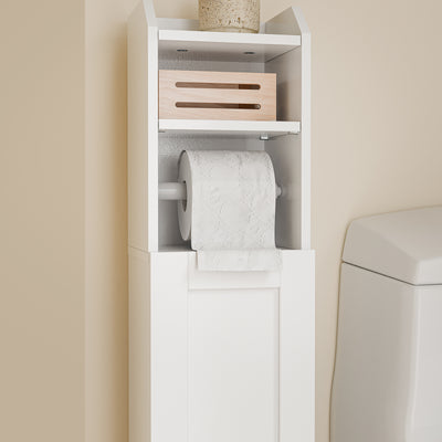 SoBuy FRG177-II-W Mobilier baie, 20 cm lățime, pe picior, cu suport hârtie și ușă - Dulap mic WC, depozitare salvaspațiu, alb