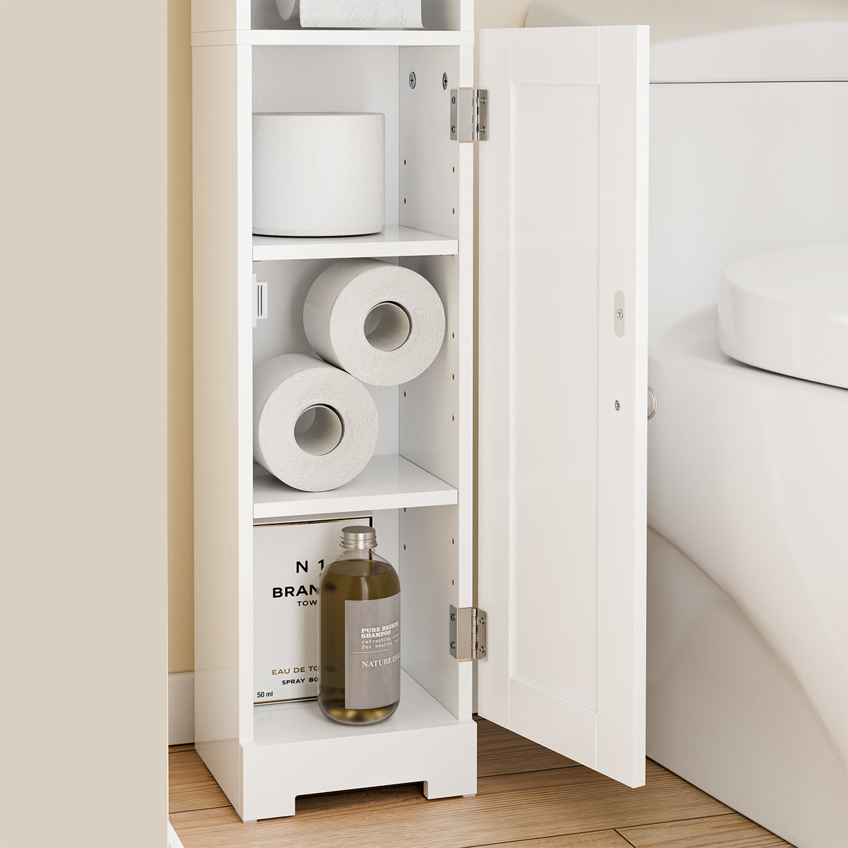 SoBuy FRG177-II-W Mobilier baie, 20 cm lățime, pe picior, cu suport hârtie și ușă - Dulap mic WC, depozitare salvaspațiu, alb