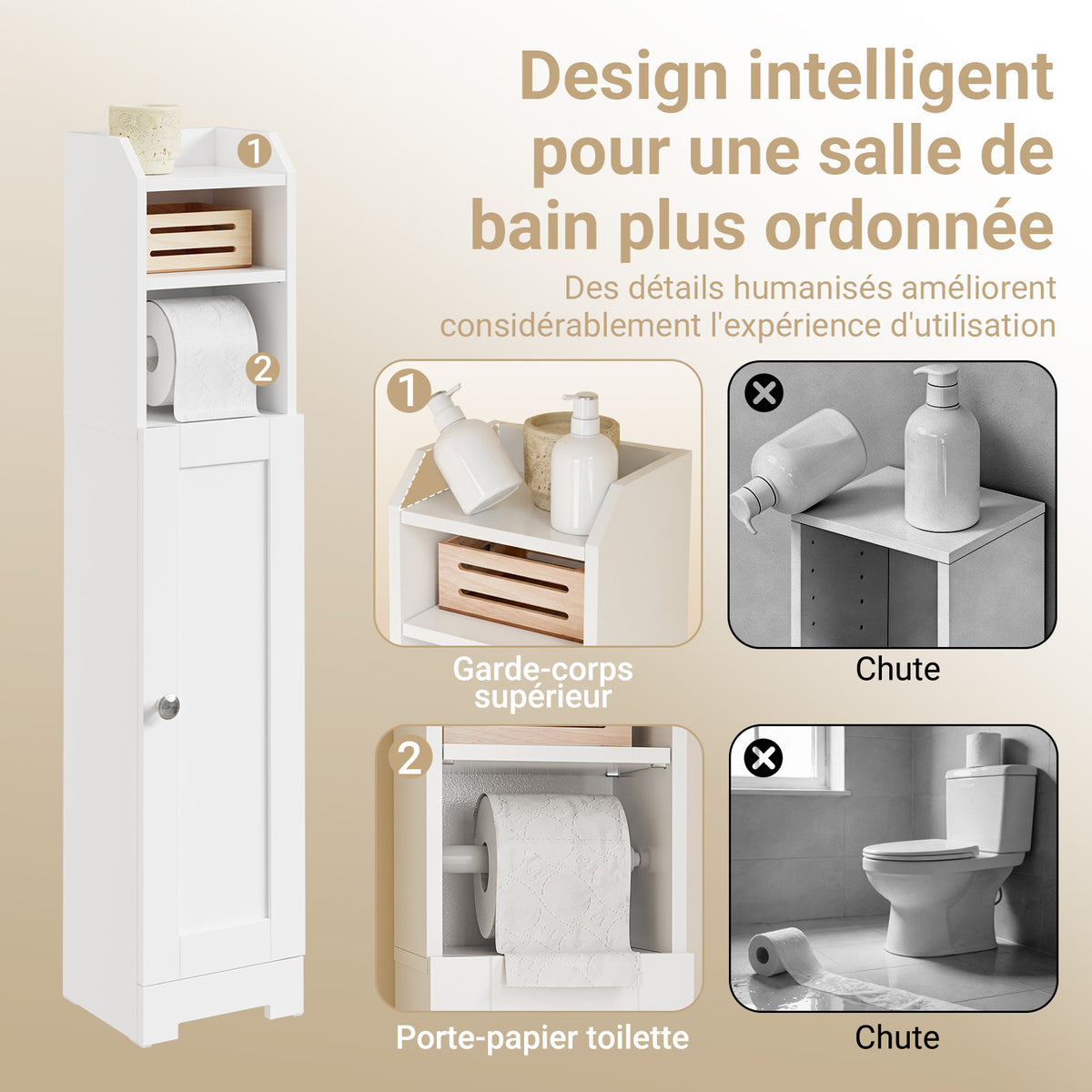 SoBuy FRG177-II-W Mobilier baie, 20 cm lățime, pe picior, cu suport hârtie și ușă - Dulap mic WC, depozitare salvaspațiu, alb