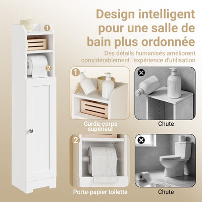 SoBuy FRG177-II-W Mobilier baie, 20 cm lățime, pe picior, cu suport hârtie și ușă - Dulap mic WC, depozitare salvaspațiu, alb