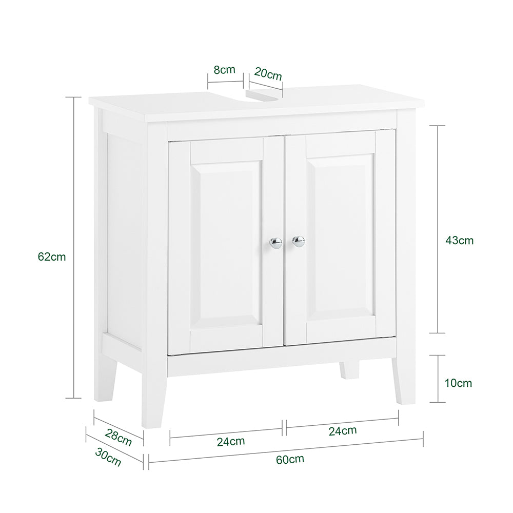 SoBuy FRG202-W Meuble sous lavabo Salle de Bain Meuble de Salle de Bain avec 2 Portes, Grand Espace de Rangement & découpe Siphon sous Vasque MDF, Blanc 60x62x30cm
