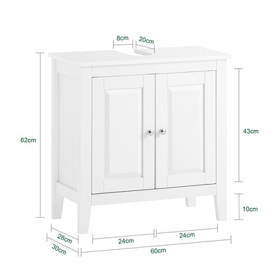 SoBuy FRG202-W Meuble sous lavabo Salle de Bain Meuble de Salle de Bain avec 2 Portes, Grand Espace de Rangement & découpe Siphon sous Vasque MDF, Blanc 60x62x30cm