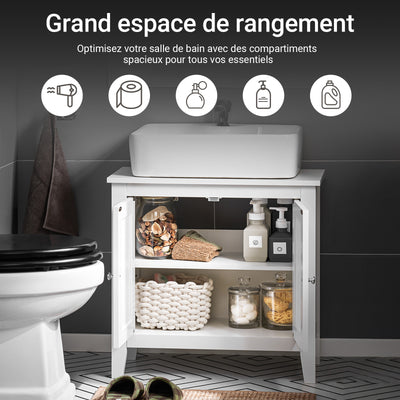 SoBuy FRG202-W Meuble sous lavabo Salle de Bain Meuble de Salle de Bain avec 2 Portes, Grand Espace de Rangement & découpe Siphon sous Vasque MDF, Blanc 60x62x30cm