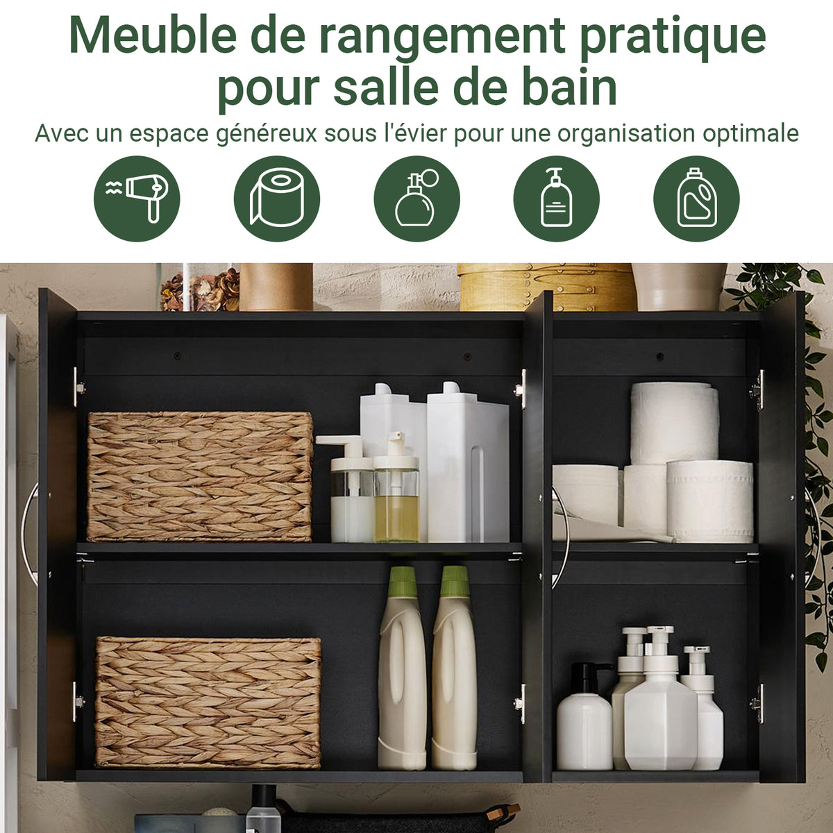 Precomandă SoBuy FRG231-L-SCH Dulap suspendat de baie cu etajeră reglabilă și ușă de depozitare compactă pentru baie, WC sau bucătărie Negru 90x30x60 cm