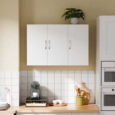 SoBuy FRG231-L-W Meuble Haut Suspendu 90 cm – 3 Portes, Étagère Réglable – Blanc