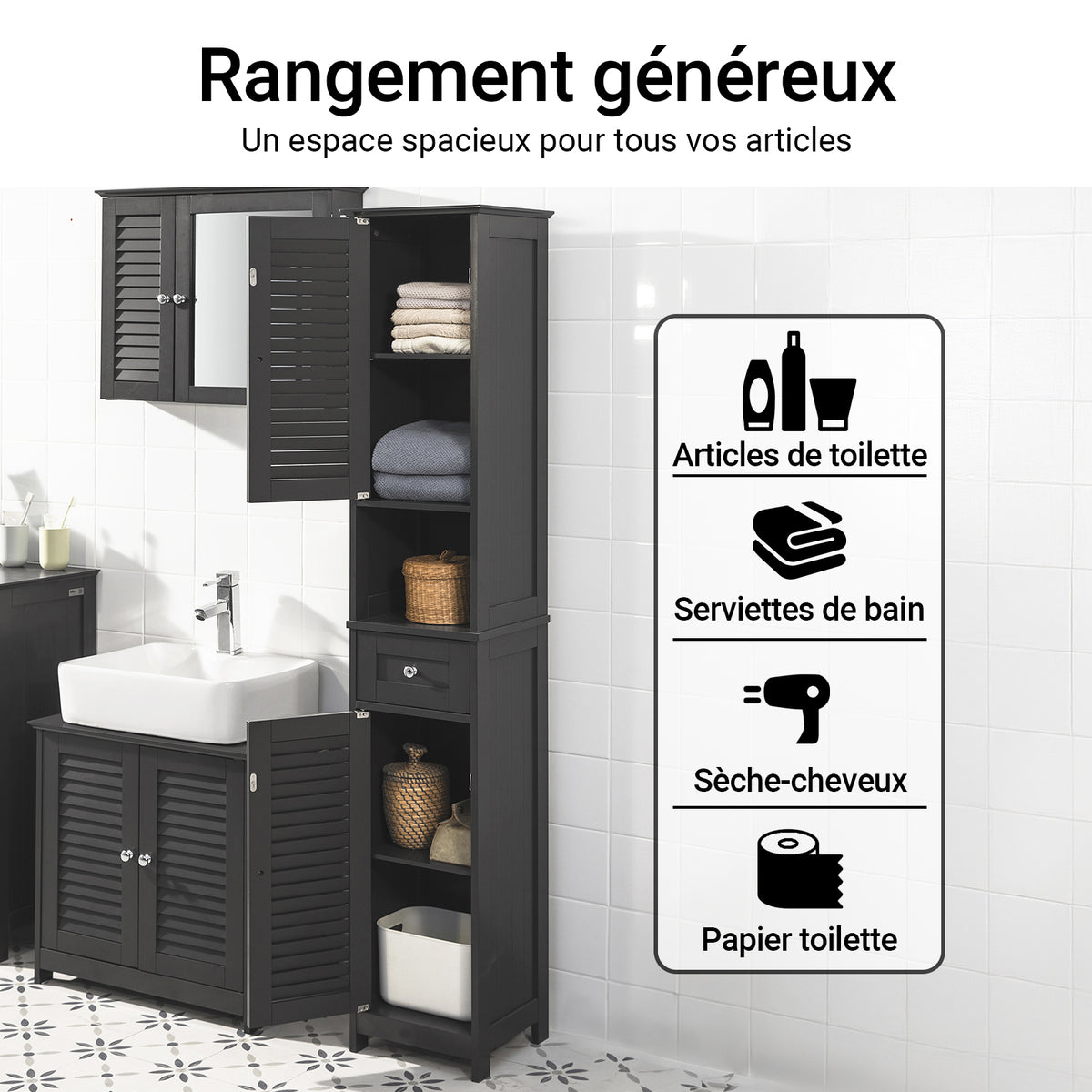 SoBuy FRG236-DG Coloană Baie Dulap Înalt de Depozitare cu 2 Uși, 1 Sertar și Nișă Deschisă, Mobilier de Depozitare pentru Baie, WC, Toaletă sau Bucătărie 32x170x30cm