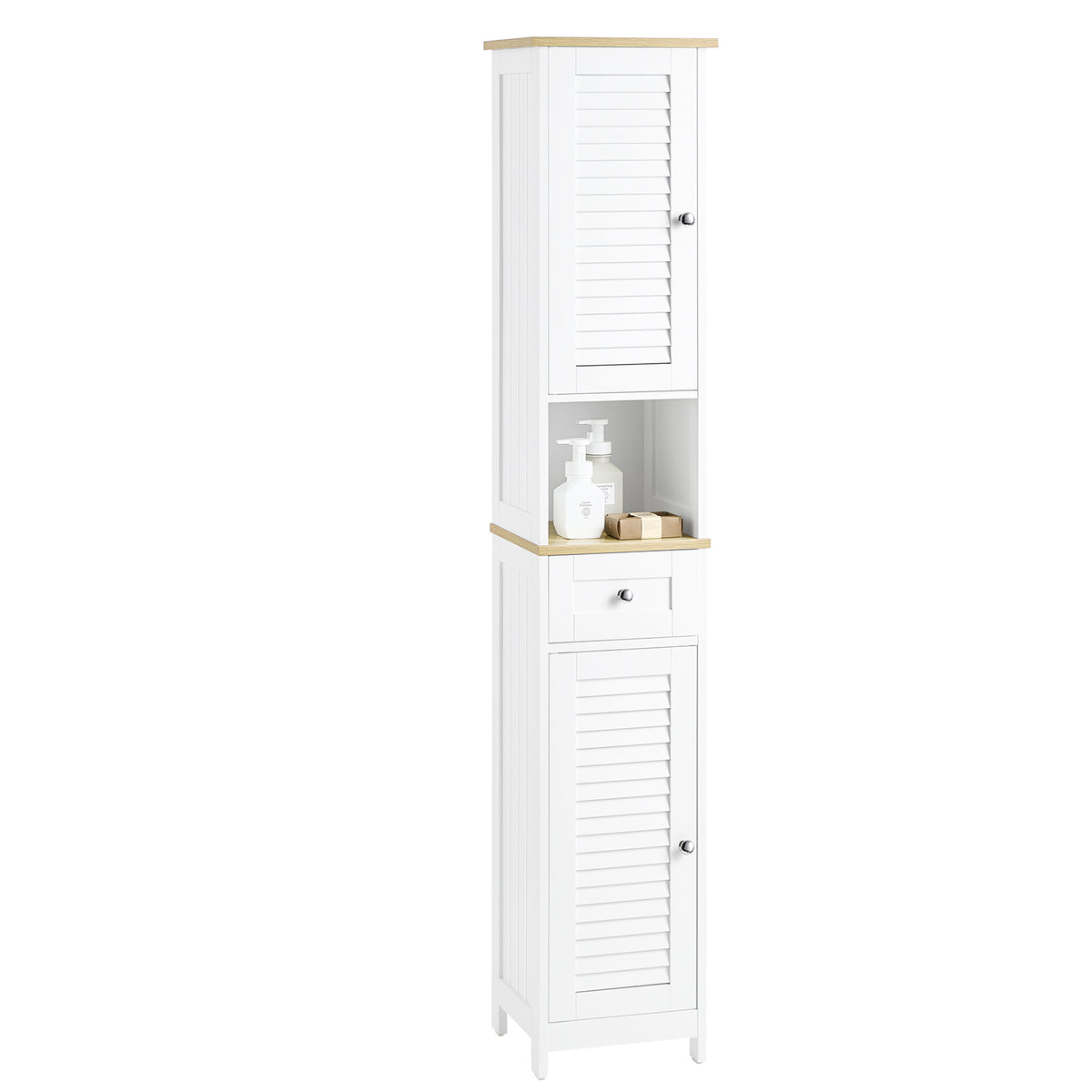 SoBuy FRG236-WN Meuble Colonne de Salle de Bain Armoire Haute Meuble de Rangement avec étagères réglables, 1 Tiroir et 2 Port