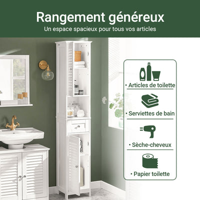 SoBuy FRG236-W Dulap Coloană Baie, Șifonier Înalt de Depozitare cu 2 Uși, 1 Sertar și Nișă Deschisă, Mobilier de Depozitare pentru Baie, WC, SDB, Toaletă sau Bucătărie 32x170x30cm