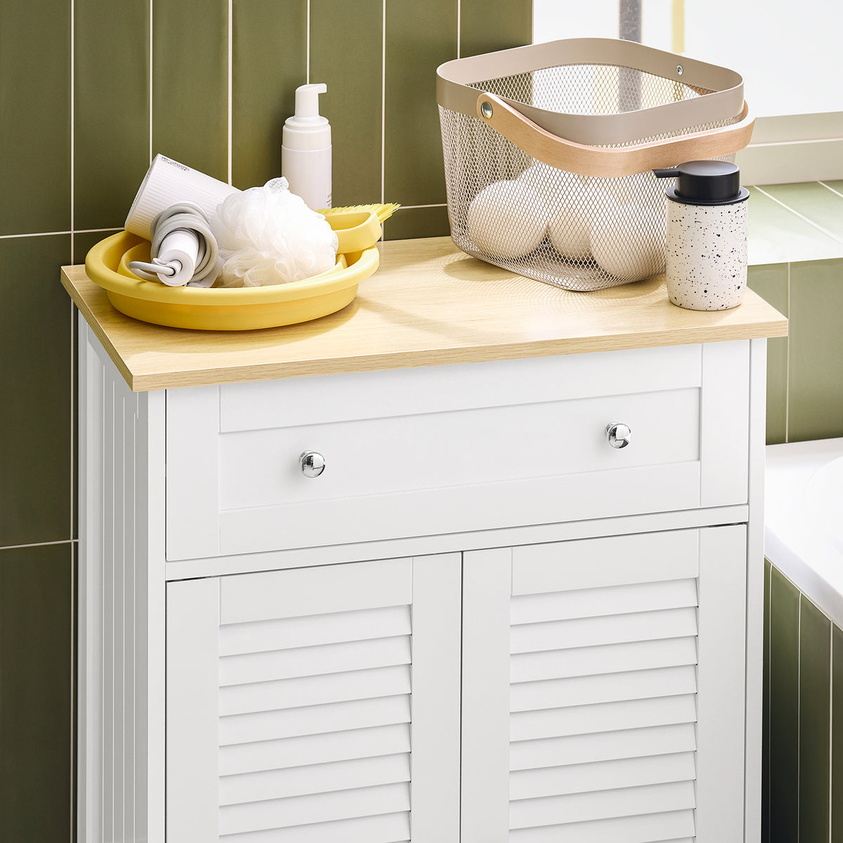 SoBuy FRG238-WN Meuble Bas Salle de Bain avec Étagère Réglable, 1 Tiroir et 2 Portes, pour Salle de Bain et WC, Compact – L60×P35×H87 cm, Blanc et Naturel