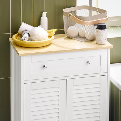 SoBuy FRG238-WN Meuble Bas Salle de Bain avec Étagère Réglable, 1 Tiroir et 2 Portes, pour Salle de Bain et WC, Compact – L60×P35×H87 cm, Blanc et Naturel