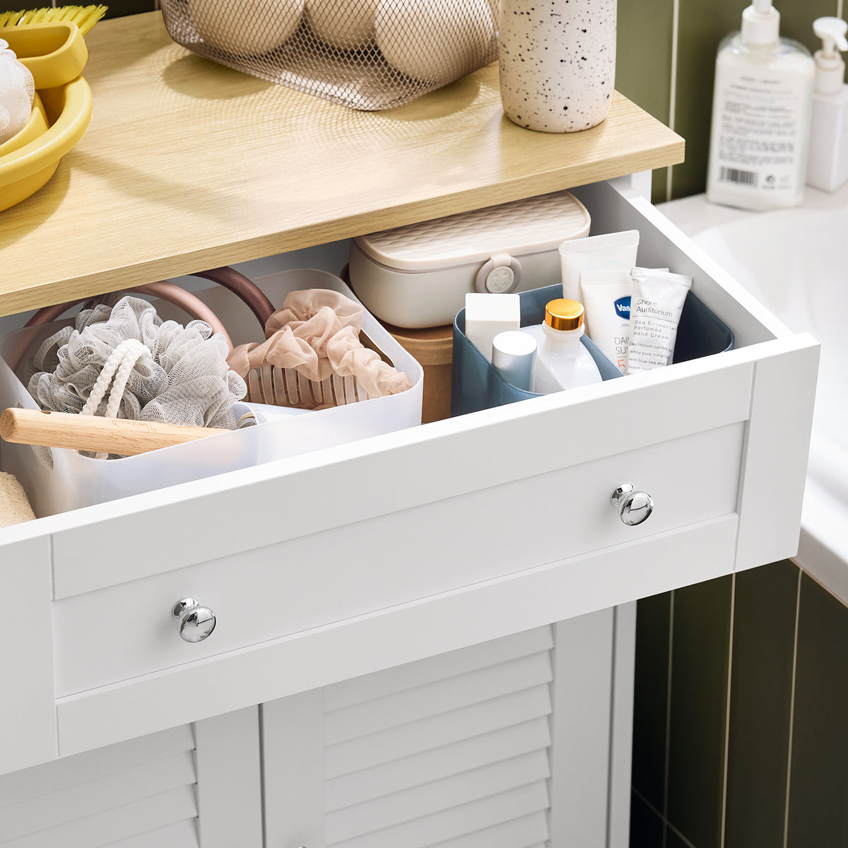 SoBuy FRG238-WN Meuble Bas Salle de Bain avec Étagère Réglable, 1 Tiroir et 2 Portes, pour Salle de Bain et WC, Compact – L60×P35×H87 cm, Blanc et Naturel