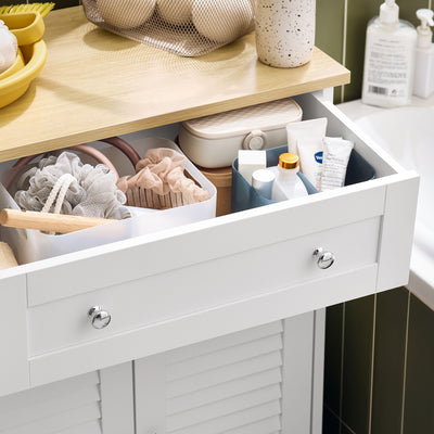 SoBuy FRG238-WN Meuble Bas Salle de Bain avec Étagère Réglable, 1 Tiroir et 2 Portes, pour Salle de Bain et WC, Compact – L60×P35×H87 cm, Blanc et Naturel